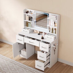 Rosse Dressing Table With 3 Colorful Light Mirror 7 Drawers And 6 Storage Shelves Makeup Desk 110Cm Desktop Vanity Table