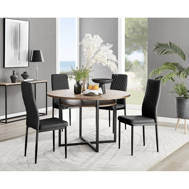 Adler Round Dining Table Set with Shelf & 4 Quilted Faux Leather Dining Chairs