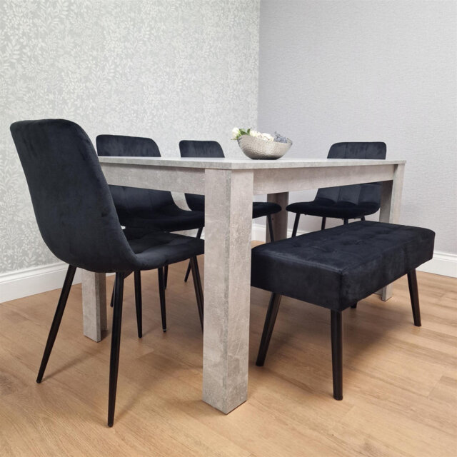 Dining Table and 4 Chairs With Black velvet paded Bench Stone Grey Effect Wood Table