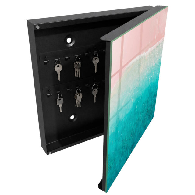 Key box for home, Opens to the left, 30x30x5, White, Pastel shore with pink sand and turquoise sea,
