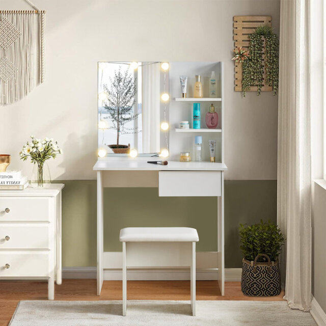 Dressing Table, 75X40x137cm Cosmetic Table Makeup Desk With Lights, 1 Drawer Vanity Table Set