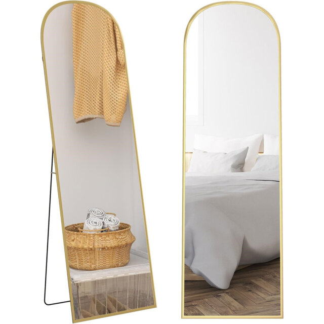 Full Length Mirror 162x50cm Arched Free Standing Floor Mirror with Aluminium Alloy Frame Hanging or Leaning Gold Tone Frame