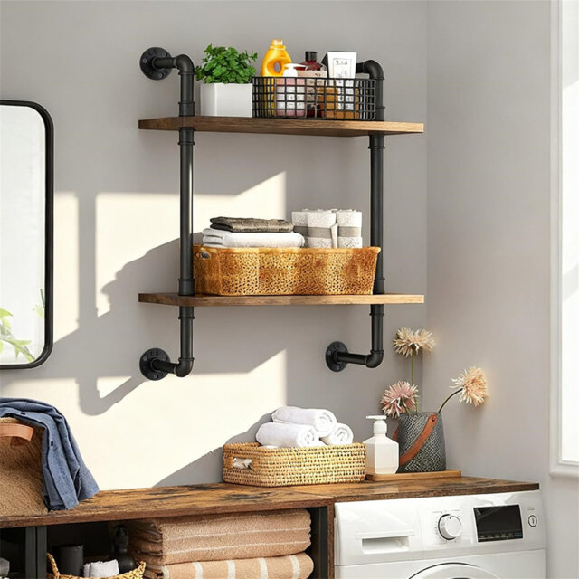 Industrial Pipe Shelves Wall Mounted, 2-Tiers Rustic Wooden Shelf For Kitchen And Bedroom, Vintage Style Storage With Sturdy Design