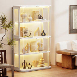 Large Rounded Display Cabinet With Glass Door, 4-tier Curio Cabinet With Led Lights