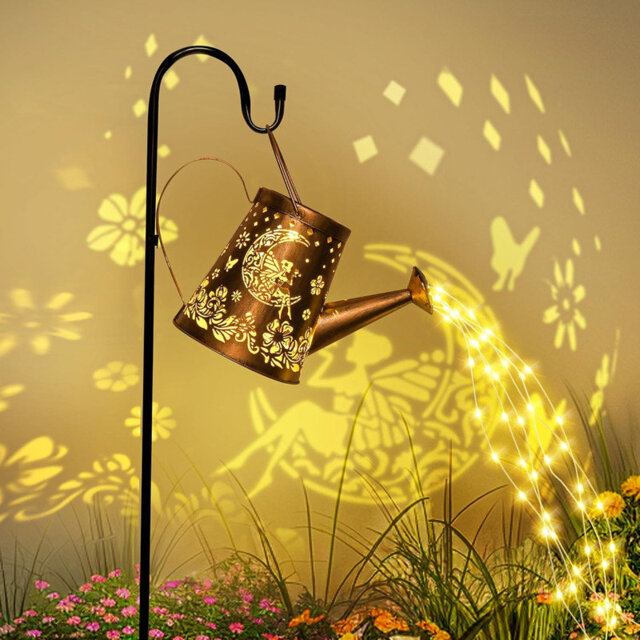 GIGALUMI Solar Watering Can Lights Outdoor Garden, Waterproof Metal Water Can Ornaments with String Lights, Solar Hanging Lantern with Bracket for Yar