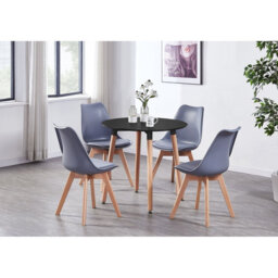 Christy 4 Person Dining set - a Round Plastic Dining Table with Wooden Legs and a Set of 4 Faux Leather Cushion Padded Dining Chairs for Dining Room -