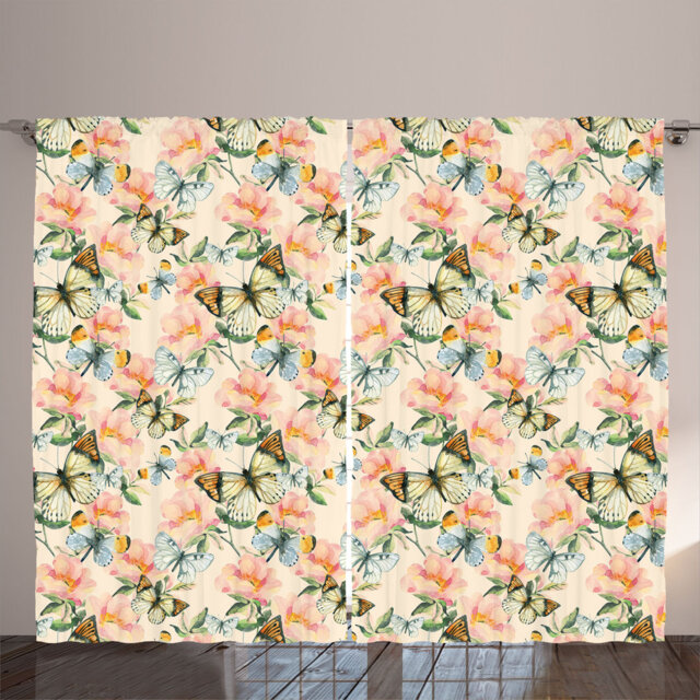 Rustic curtain, pastel butterflies flowers, spring, olive green coral red shade