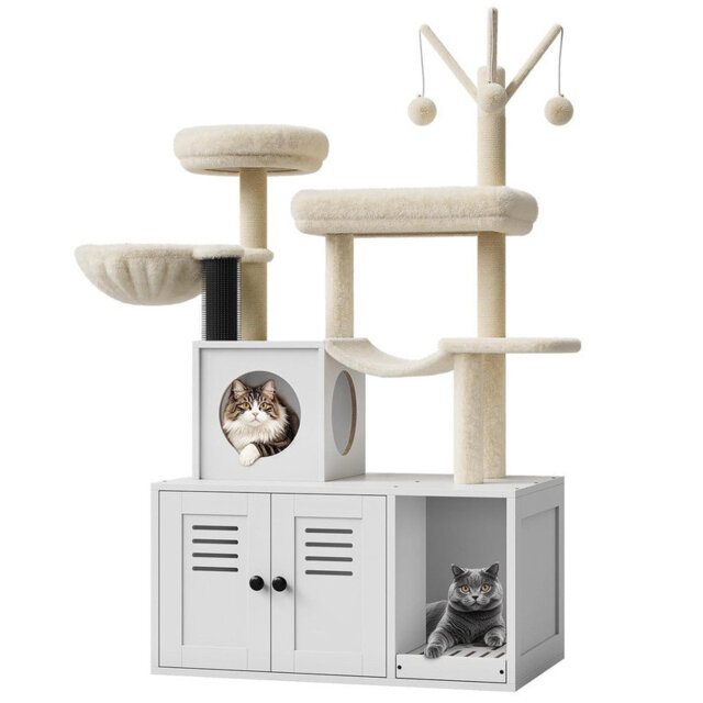 "54.3"" Cat Tree Tower with Hidden Litter Box Enclosure, Modern 2-in-1 Cat Condo with Plush Perch, Hammock, Scratching Posts, Caves & Removable Pompom T"