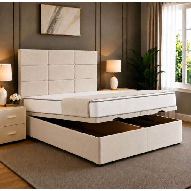 Lux Cubed Tufted Divan Storage Ottoman Bed Frame with Floor Standing Panel Headboard