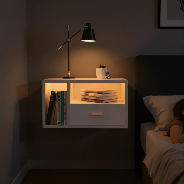 Floating Bedside Table With Charging Station 46X30x26cm LED Wall Mounted Nightstand With 1 Drawer And 2 Compartment Bedside Tables