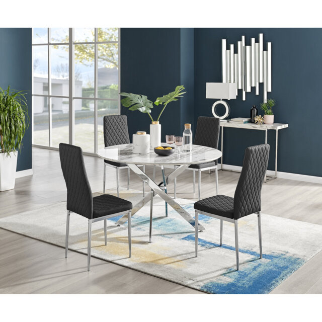 Tierra Modern Chrome Metal & Glass Round Dining Table Set with Quilted Faux Leather Chairs