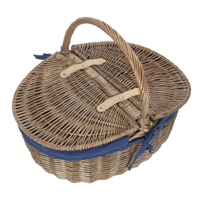 Antique Wash Finish Oval Wicker Picnic Basket With Blue Lining