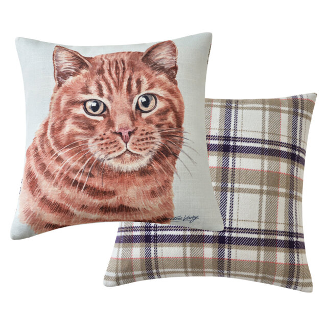 Ginger Cat Cushion Watercolour And Check Print. 43 X 43Cm