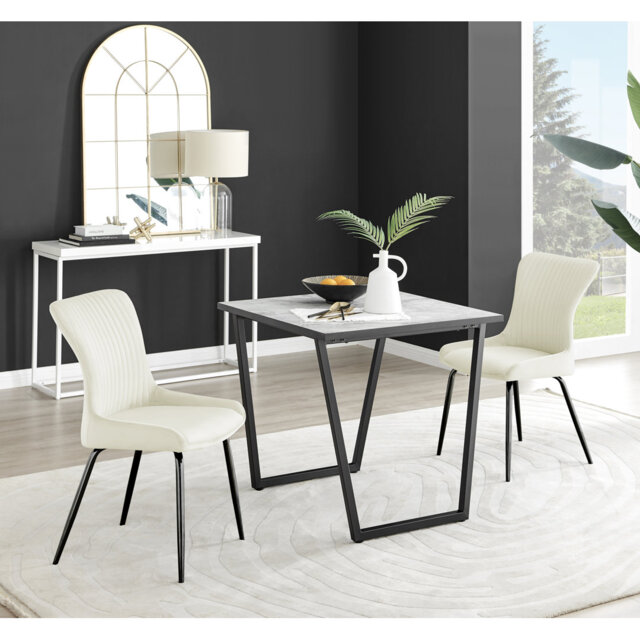 Industrial Design White & Grey Marble Effect Melamine Dining Table and 2 Velvet Dining Chairs