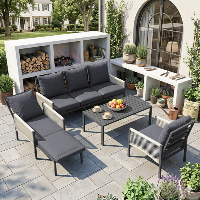 Outdoor Garden Furniture Set With Retractable Single Chair Patio Sofa Coffee Table Weather Resistant Lounge Set For Garden Patio Balcony & Poolside