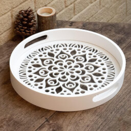 "12"" Round White Wooden Decorative Tray with Handles – Serving & Decor for Coffee Table, Ottoman, Counter"