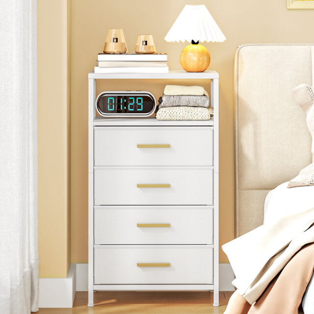Bedside Table Set of 2, Side End Table with 4 Fabric Storage Drawers, Bedside Cabinet with Open Storage Shelf, Nightstand for Bedroom, Livingroom, Whi