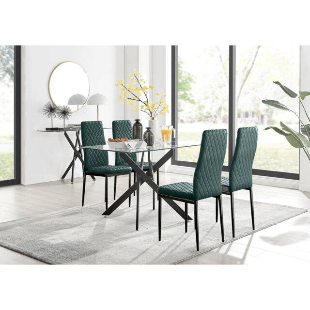 Lenworth Glass Rectangular Dining Table Set with 4 Quilted Velvet Dining Chairs