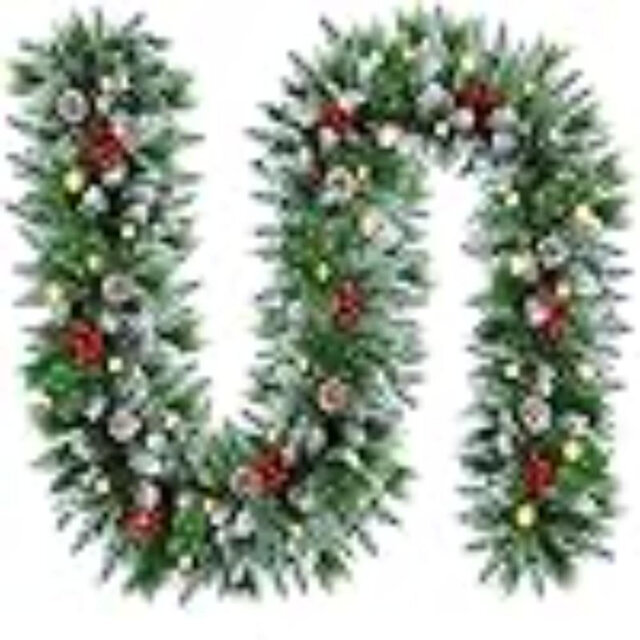 Christmas Garlands With Lights,2.7M/ 9FT Pre Lit Christmas Garland And Berries For Stairs, Fireplaces, Festive Wreath,Christmas Decorations