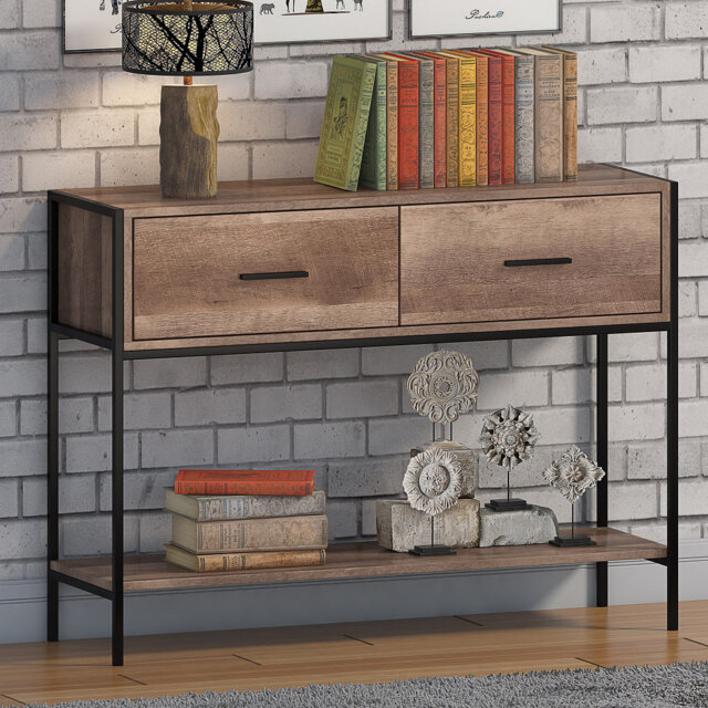 Esteban 2 Drawer Console Hallway Table. Industrial Style. Black Metal Frame.