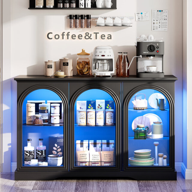 Sideboard Buffet Cabinet With 3 Glass Doors, Adjustable Shelves, Led And Human Body Sensors