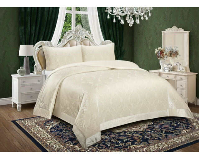 Emilia Bedspread Set with Pillow Shams – Luxury Jacquard Damask Coverlet Bedding for Double, King & Super King Sizes