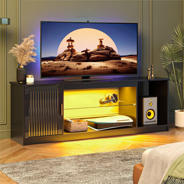 "57"" Modern Media Console with Adjustable shelf, LED Fluted TV Stand for 65 Inch TV, Glossy TV Console with Cabinet"