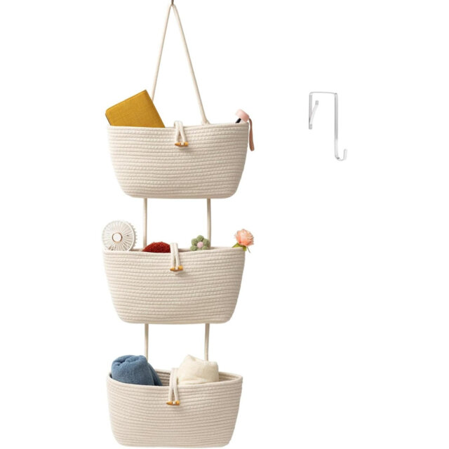 3-Tier Cotton Rope Baskets With Button Strap Over The Door Wall Hanging Baskets For Nursery, Living Room, Bathroom, Door Storage Organizer For Decorat