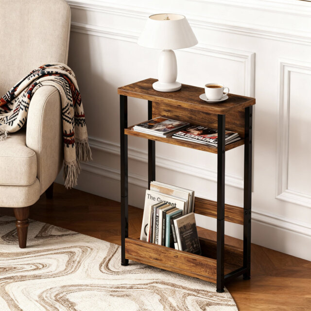 Slim 3-Tier Industrial Side Table with Storage Shelves & Magazine Holder – Narrow Wood and Metal End Table bedside table for Small Living Room and Bed