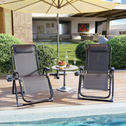 Folding Zero Gravity Sun Lounger with Cushioned Seat and Adjustable Headrest （set of 2)
