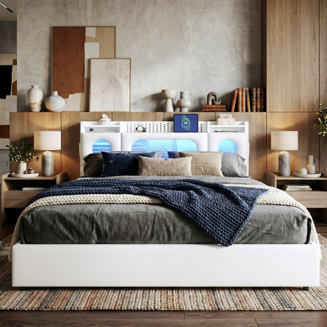 PU Leather Ottoman Bed, RGB LED Storage Headboard & USB-C Charging, European Double (140X200cm) & King (160X200cm)