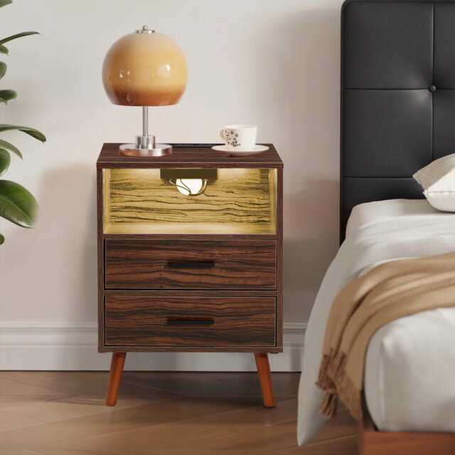 Brown Bedside Table Wooden Nightstand USB Charger Outlet RGB LED Drawers Storage