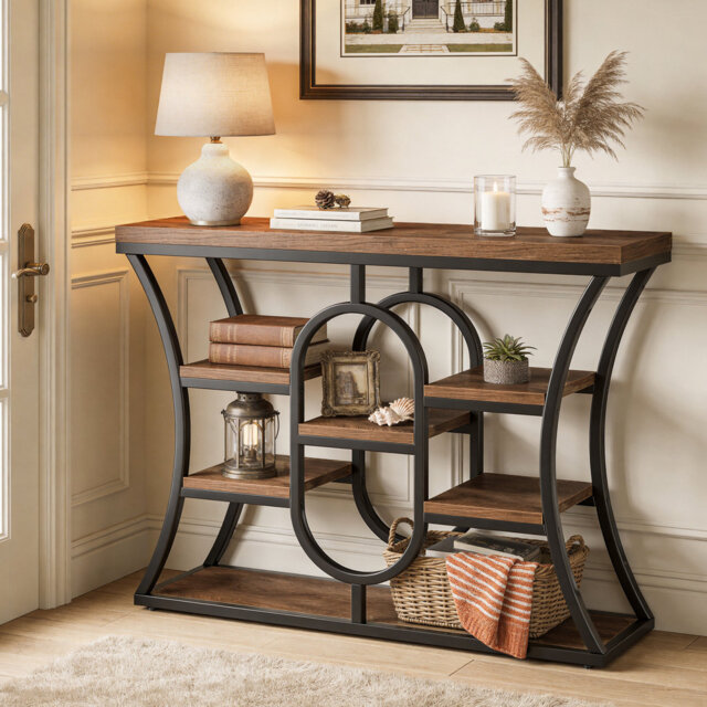 41.3-inch Console Table, Industrial Entryway Table With Storage Shelves, Small Narrow Sofa Table For Living Room, Behind Couch, Hallway & Foyer (rust