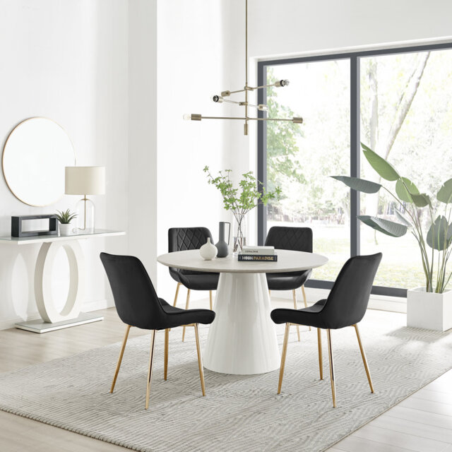 Edzard Statement 4 Person Round Dining Table Set in Luxury Stone Effect - Velvet Dining Chairs