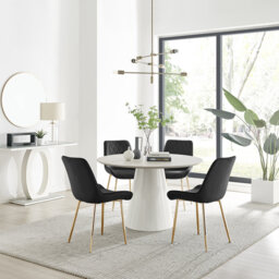 Edzard Statement 4 Person Round Dining Table Set in Luxury Stone Effect - Velvet Dining Chairs