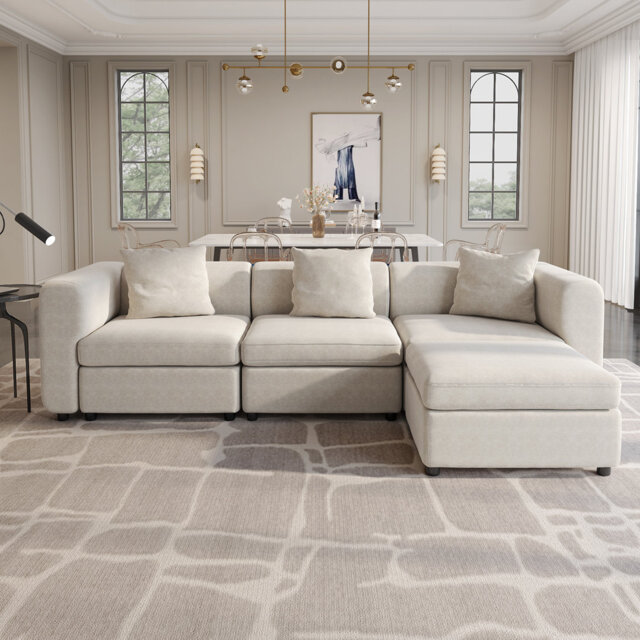 Modern 4-seater Beige Modular Sofa With Storage Ottoman, Deep Seat Design With Soft Cushions, Suitable For Living Room And Bedroom