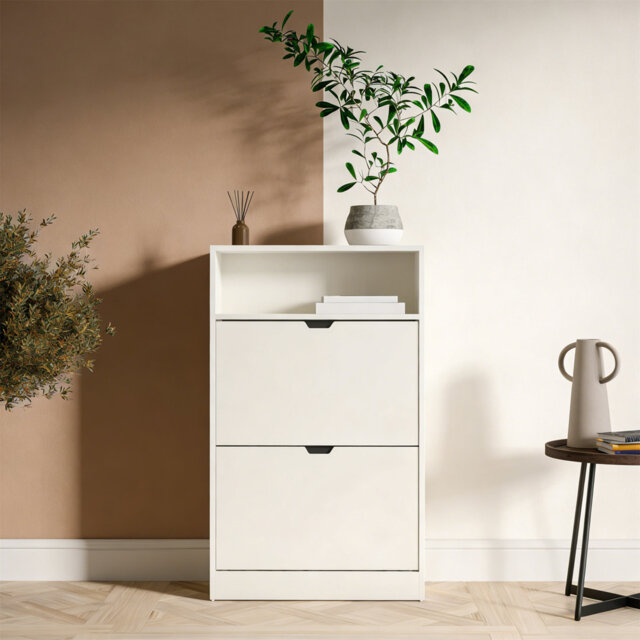 2-Drawer Shoe Cabinet With Open Shelf, White Space-Saving Storage Organizer For Entryway Hallway