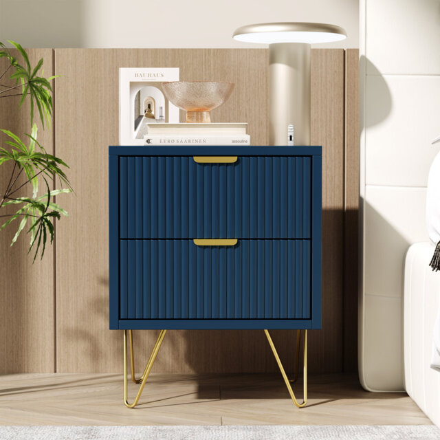 Modern Deep Blue Bedside Table With Gold Metal Handles â 2 Drawers