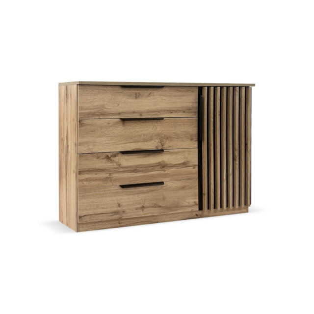 Chest Of Drawers Kira 4 With 1 Door / 3 Drawers / 1 Shelf / Metal Handles / Slatted Door