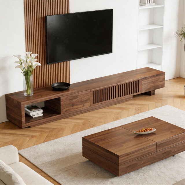 Extendable Tv Unit 2m To 2.6m With Multifunctional Coffee Table Set, Large Storage Space, Fits 75-100+ Inch Tvs, Retro Style Walnut Colour For Living