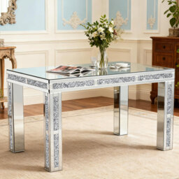 Jasmic 130cm Mirrored Dining Table Glass Top with 4 Legs Crushed Diamond Inlay