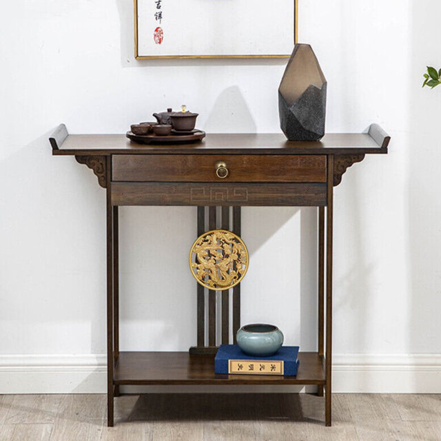 Solid Wood Bamboo Console Table 2-Tier Narrow Farmhouse Entryway Table For Hallway, Entrance, Living Room, Behind The Couch