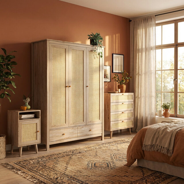Annele Oak & Rattan 3 Door Wardrobe 3 Piece Bedroom Set