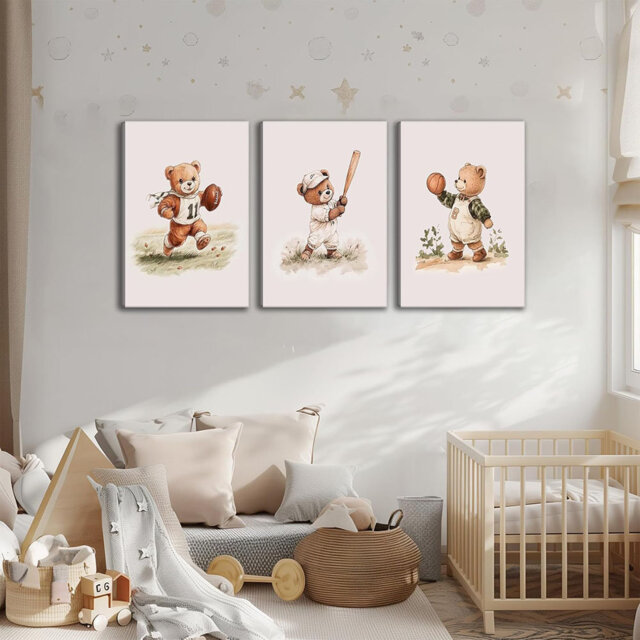 Nursery Bear Wall Art Boy Sports Canvas Wall Decor Nursery Animal Prints Teddy Bear Pictures Painting Football Basketball Football Kids Room Prints Ar