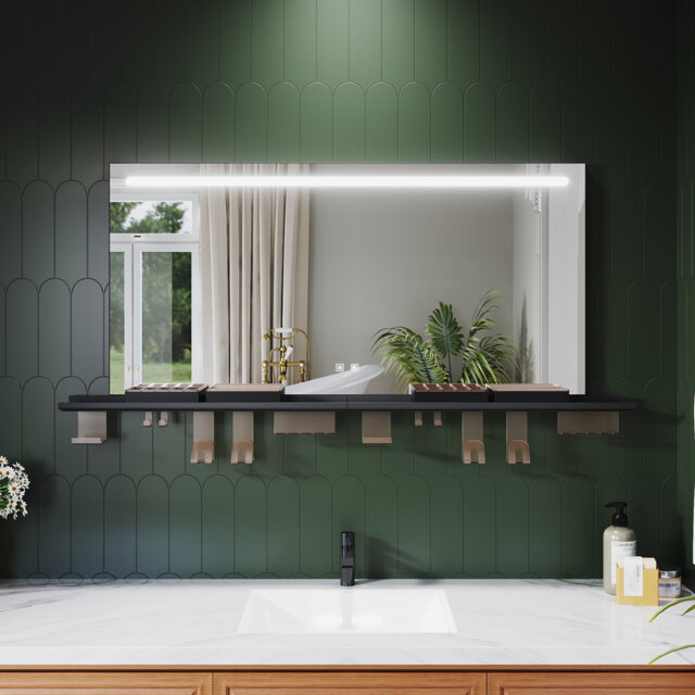 Black Aluminium LED Bathroom Mirror, Linear Frosted Anti-Fog Touch Dimming with Matching Storage