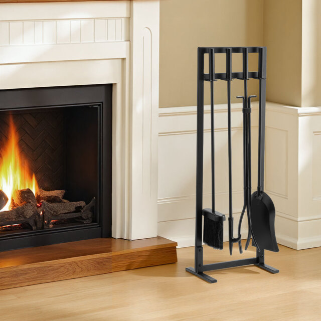 Fireplace Tool Set, 5 PCS Fire Tool Set and Holder with Square-Frame Stand, Tongs, Ash Shovel, Brush, Fire Place Poker, Wrought Iron Steel Fireplace A