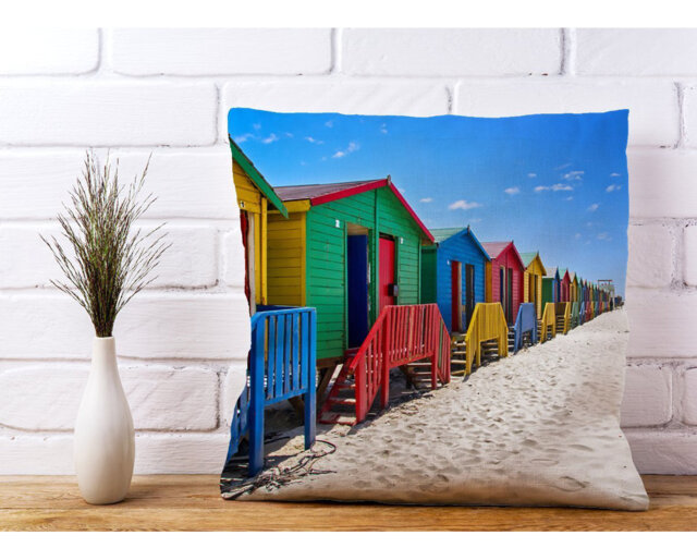 Martinsburg Beach Huts at Muizenberg Beach, Cape Town, South Africa Scatter Cushion with Filling