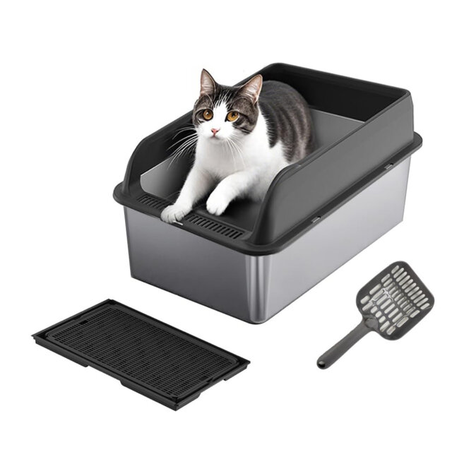 Large Open-Top Stainless Steel Cat Litter Box – Extra Wide, Easy-Clean Metal Tray, Includes Sifter Scoop for Multi-Cat Households