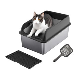Large Open-Top Stainless Steel Cat Litter Box – Extra Wide, Easy-Clean Metal Tray, Includes Sifter Scoop for Multi-Cat Households
