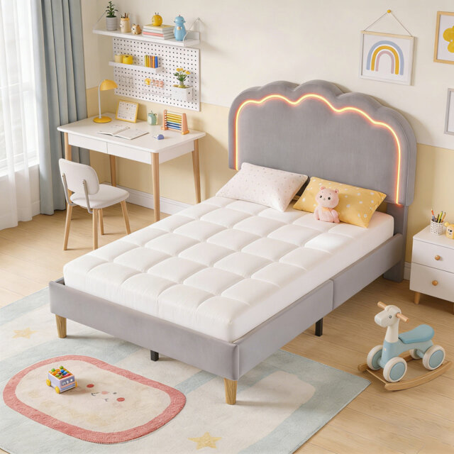 Single LED Bed Frame with Adjustable Puff-Shaped Headboard - Upholstered Linen Teen Bed with Music Sync Lights & Wooden Slats for Bedroom/Guest Room